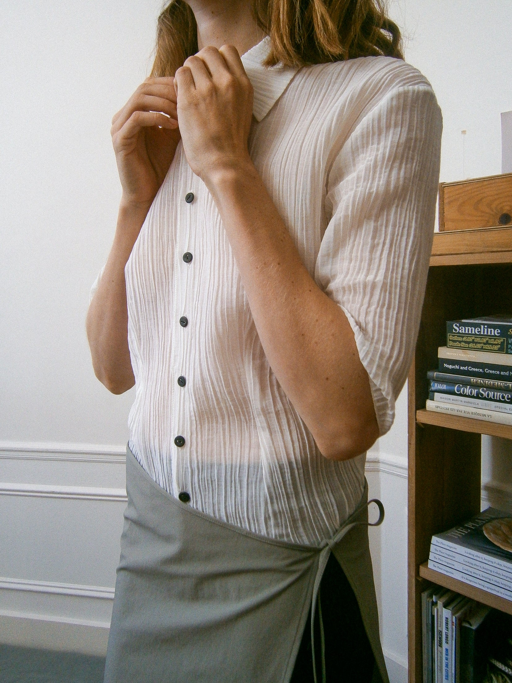 Cotton Silk Pleated Short Sleeves Shirt