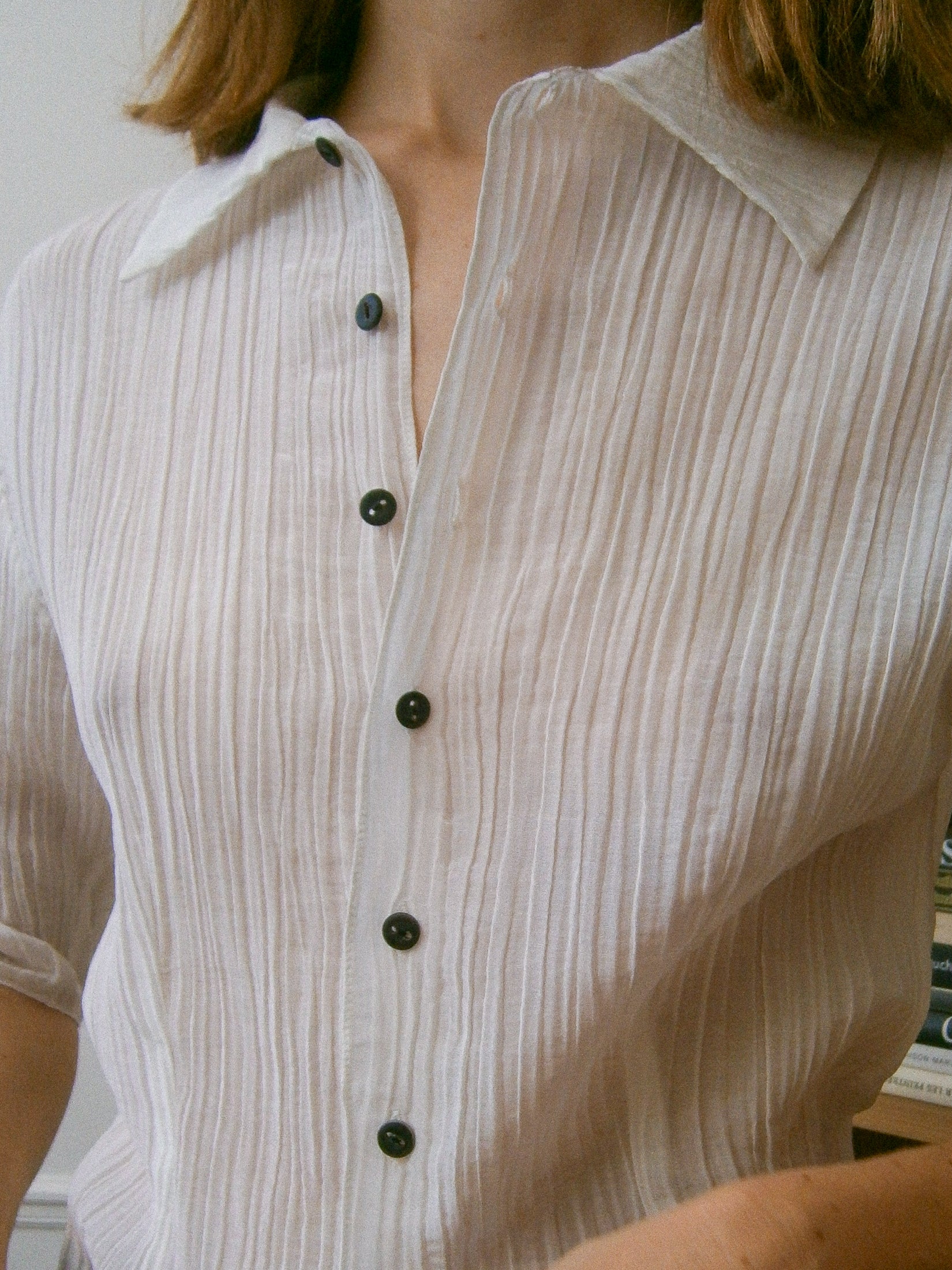 Cotton Silk Pleated Short Sleeves Shirt