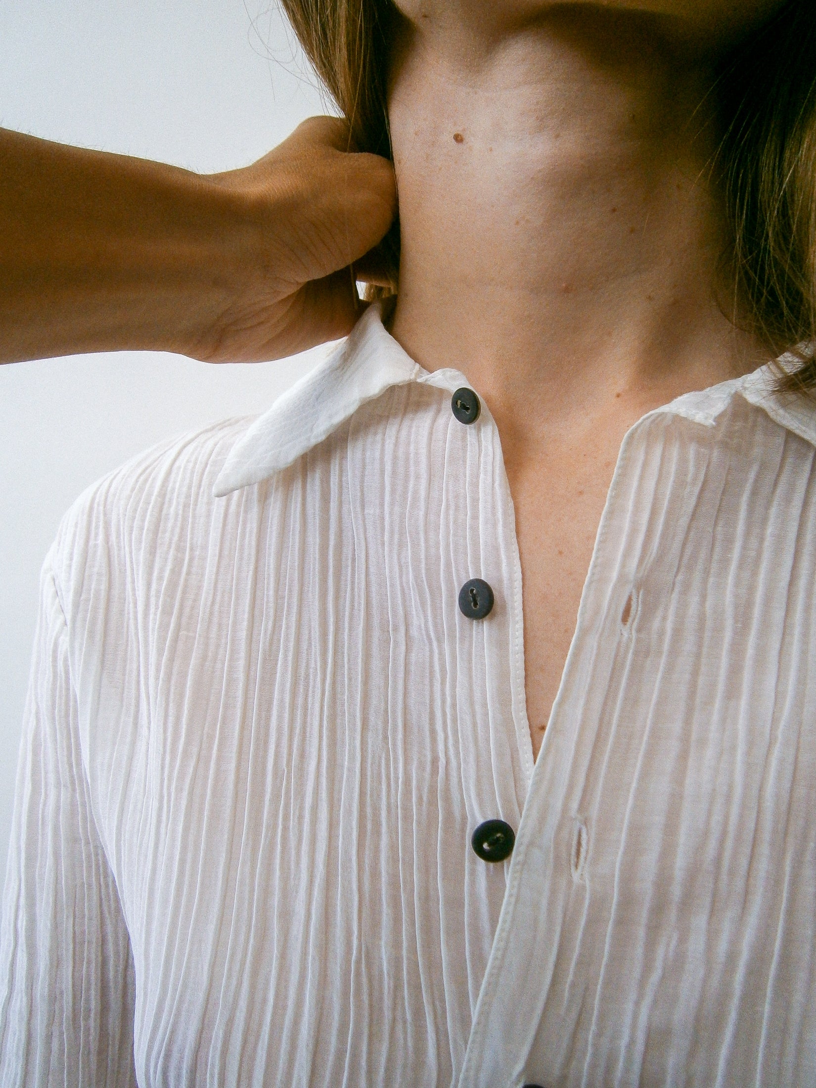 Cotton Silk Pleated Short Sleeves Shirt