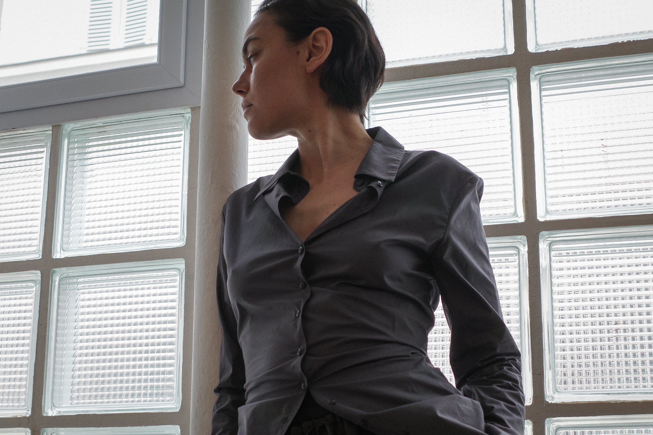 Cotton Poplin Fitted Cuffless Shirt