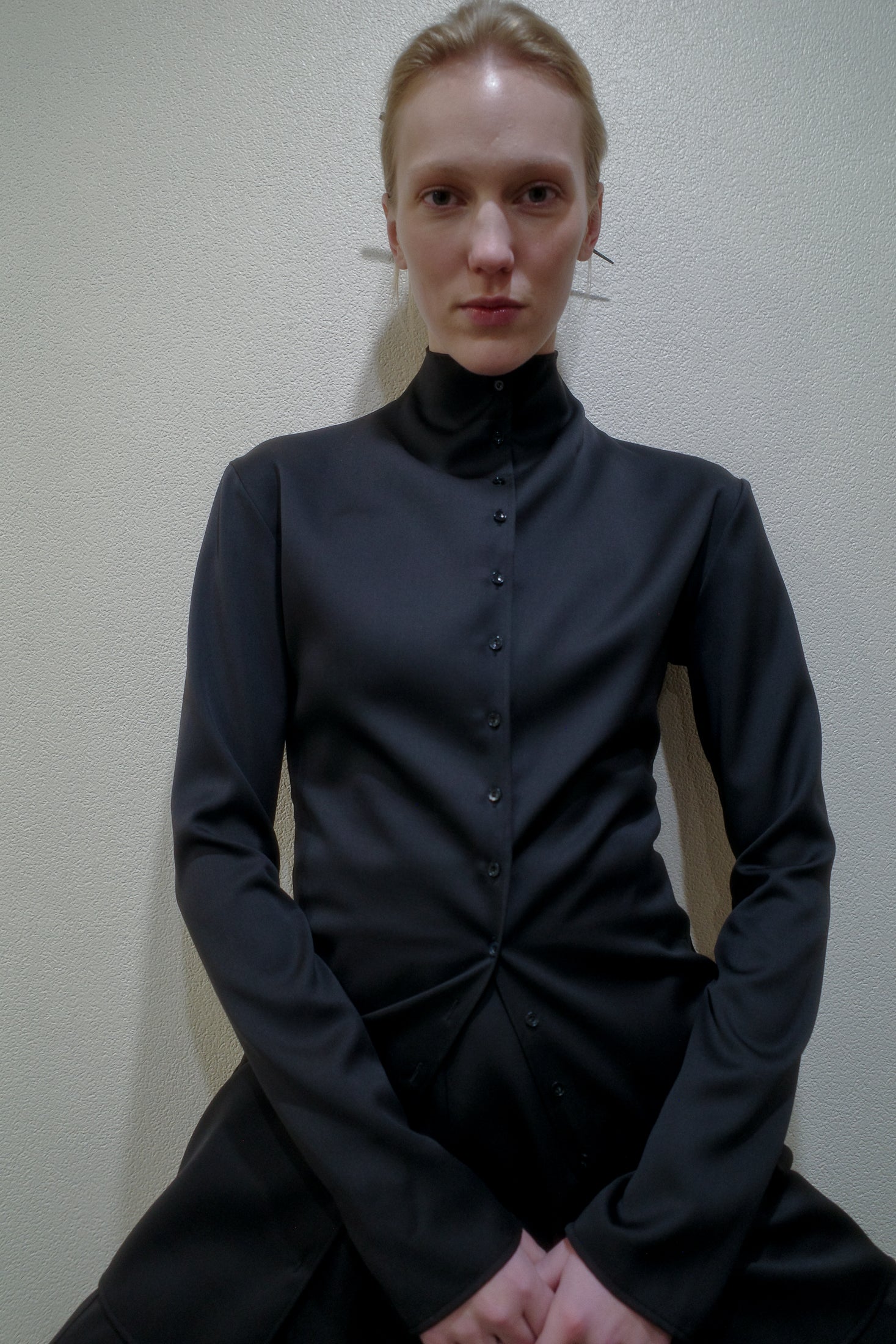 Wool Grain de Poudre High Collar Fitted Shirt